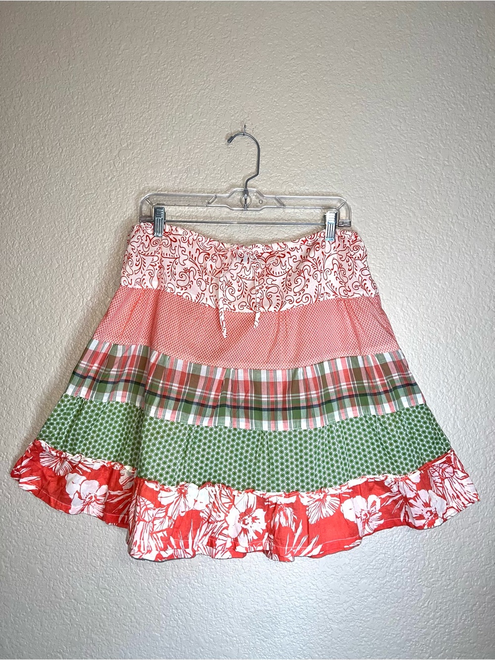 J. Crew Coral and Green Mixed-Print Tiered Skirt Sz S